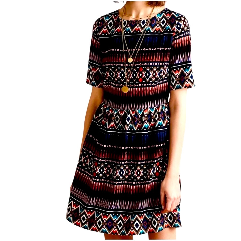 Maeve Anthropologie Sz 2 Diamond Mini Dress Geometric Print Short Slvs Layering